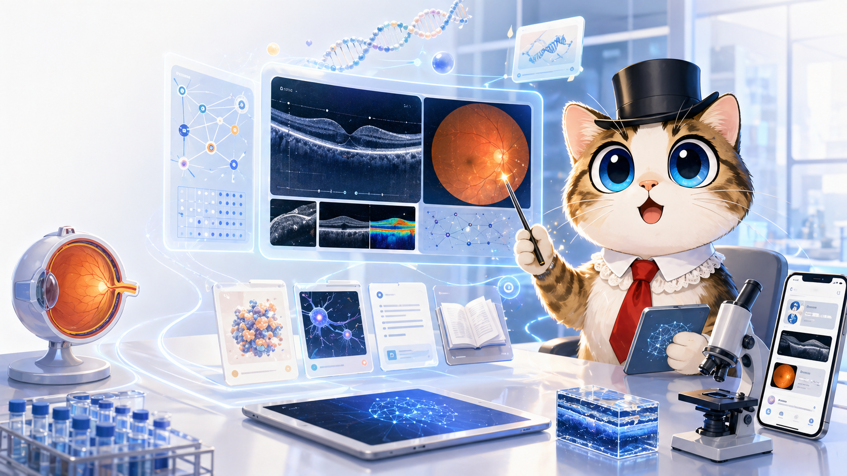 Nobel 猫咪在视网膜研究仪表盘前指挥研究任务